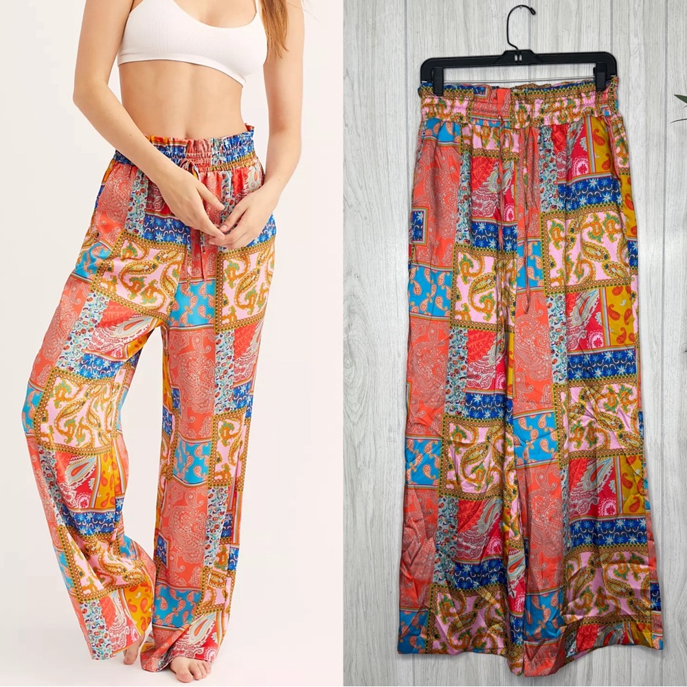 Free People Patchwork Print Wide Leg Pants - Coral, Blue, Gold